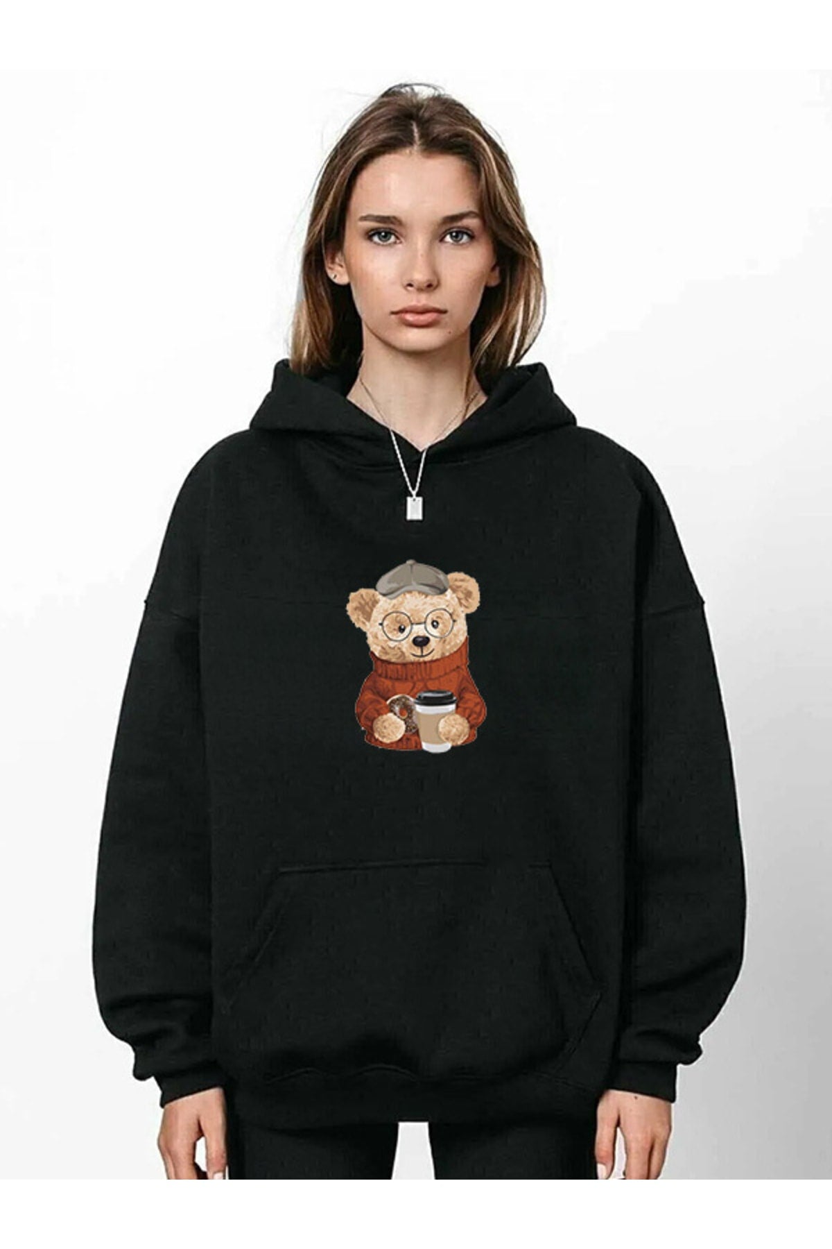 Baskılı Siyah Normal Kalıp Sweatshirt Bear