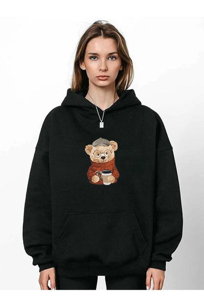 Baskılı Siyah Normal Kalıp Sweatshirt Bear