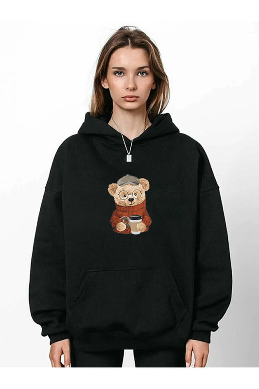 Baskılı Siyah Normal Kalıp Sweatshirt Bear
