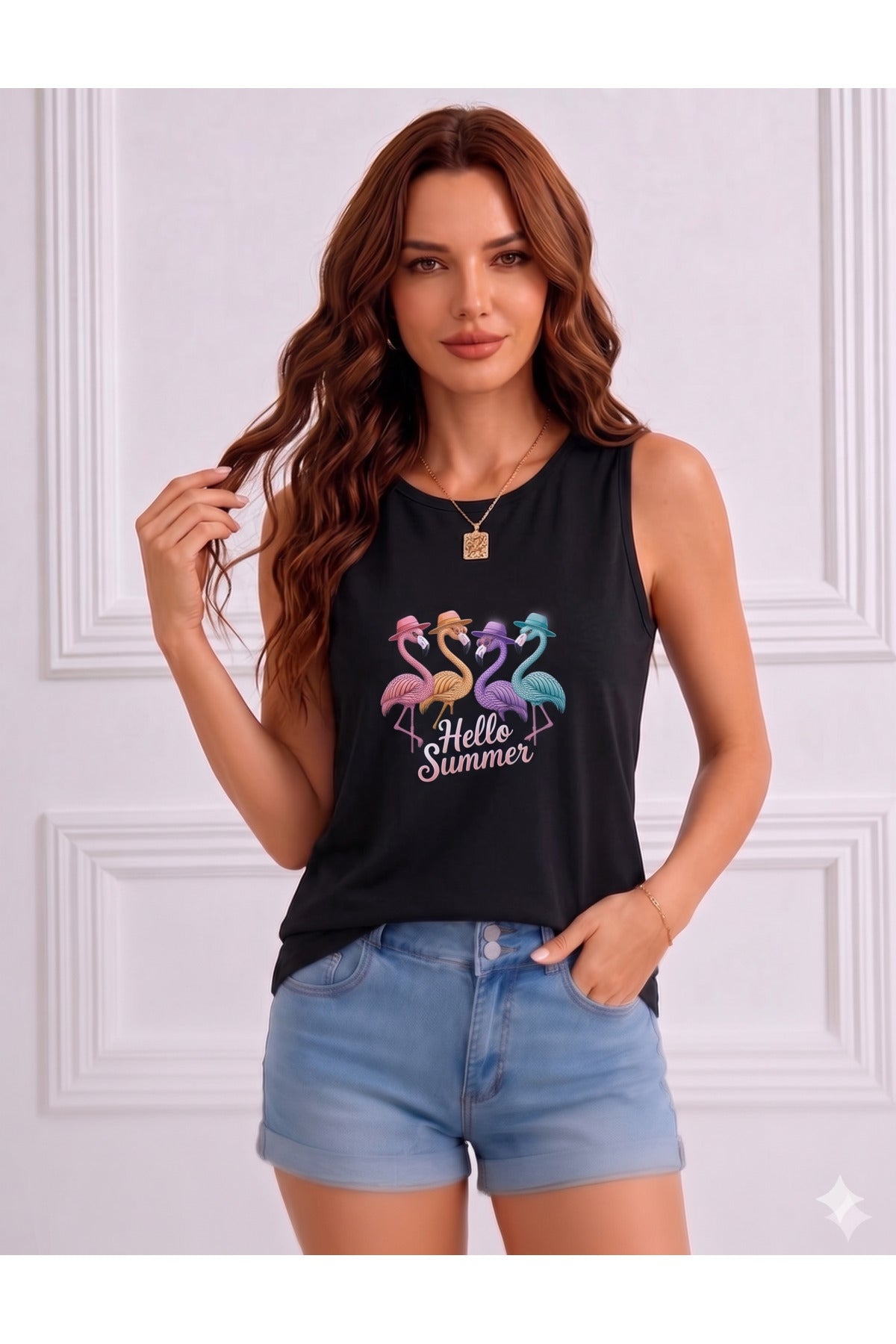 FLAMİNGO Baskılı Kadın (Omuzu Açık) Askılı Kolsuz Tshirt