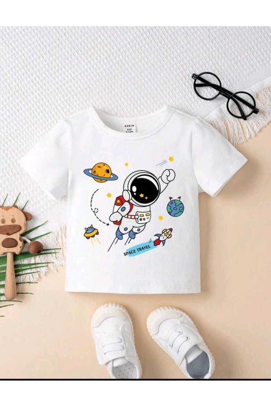 Çocuk SPACE TRAVEL Baskılı Bisiklet Yaka Pamuklu T-shirt