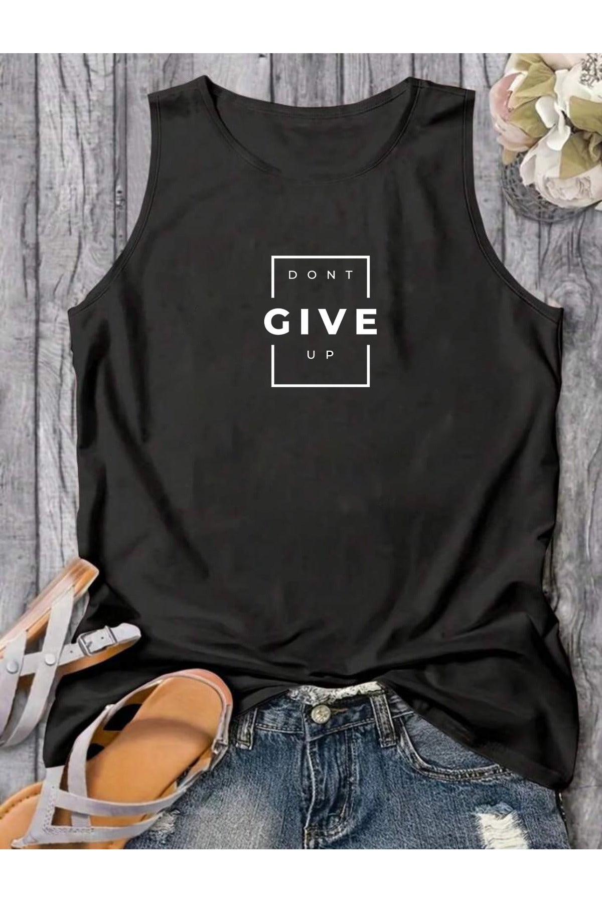 DONT GIVE UP Kadın Pamuklu (Omuzu Açık) Kolsuz Yazlık T-shirt