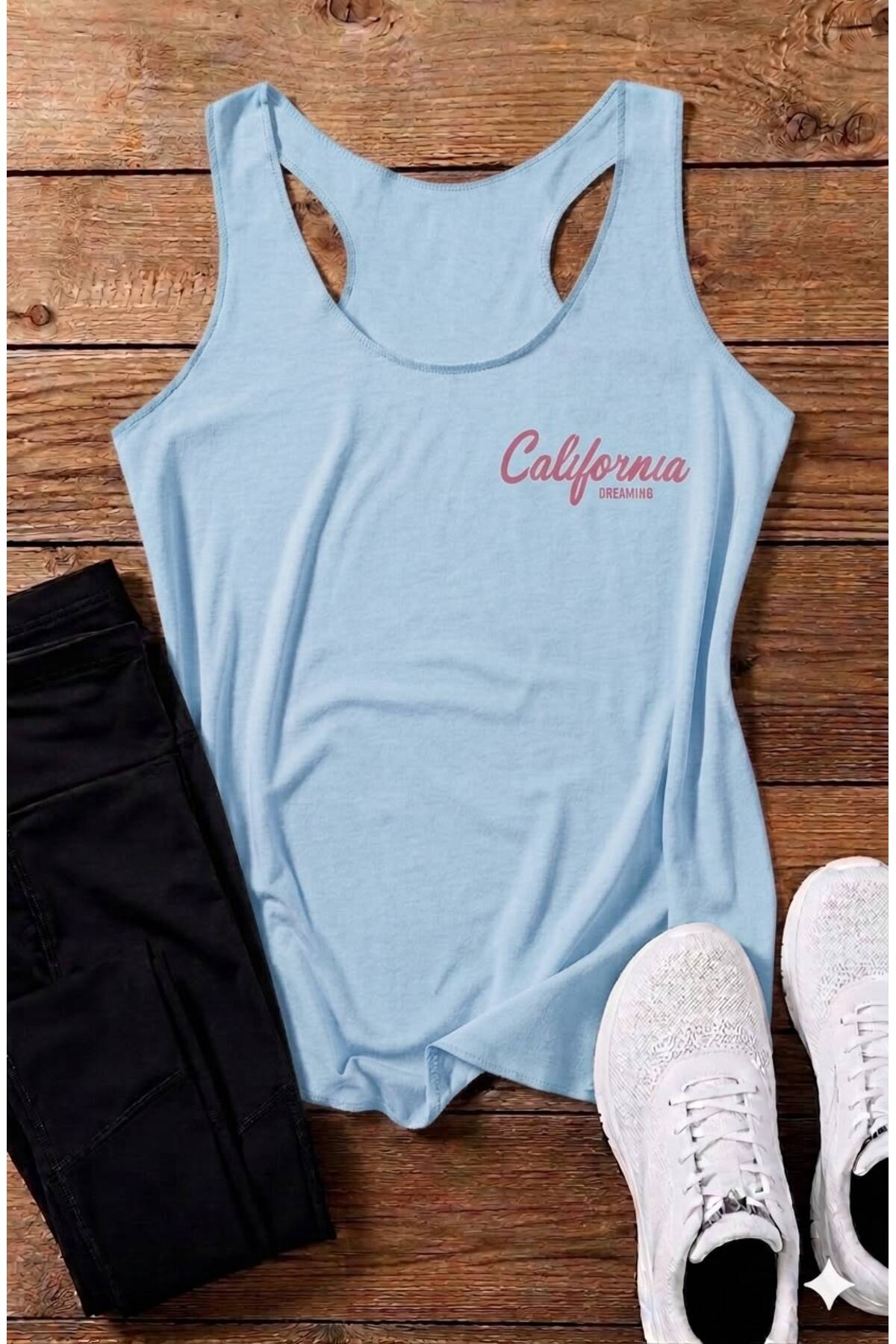 California Dreaming Baskılı Kadın (Yüzücü) Model Slim Fit Askılı Tshirt
