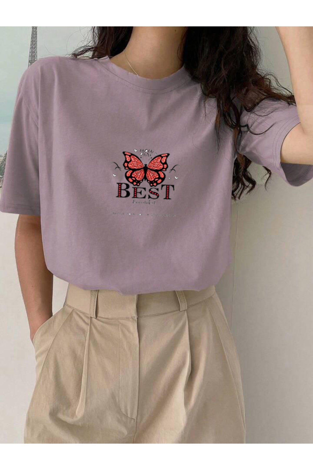 BEST Kelebek Baskılı Pamuklu Kısa Kol (Oversize) Tshirt