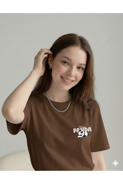 Sleepy Panda Baskılı Regular Kalıp Pamuklu Kadın Tshirt Tişört T-Shirt
