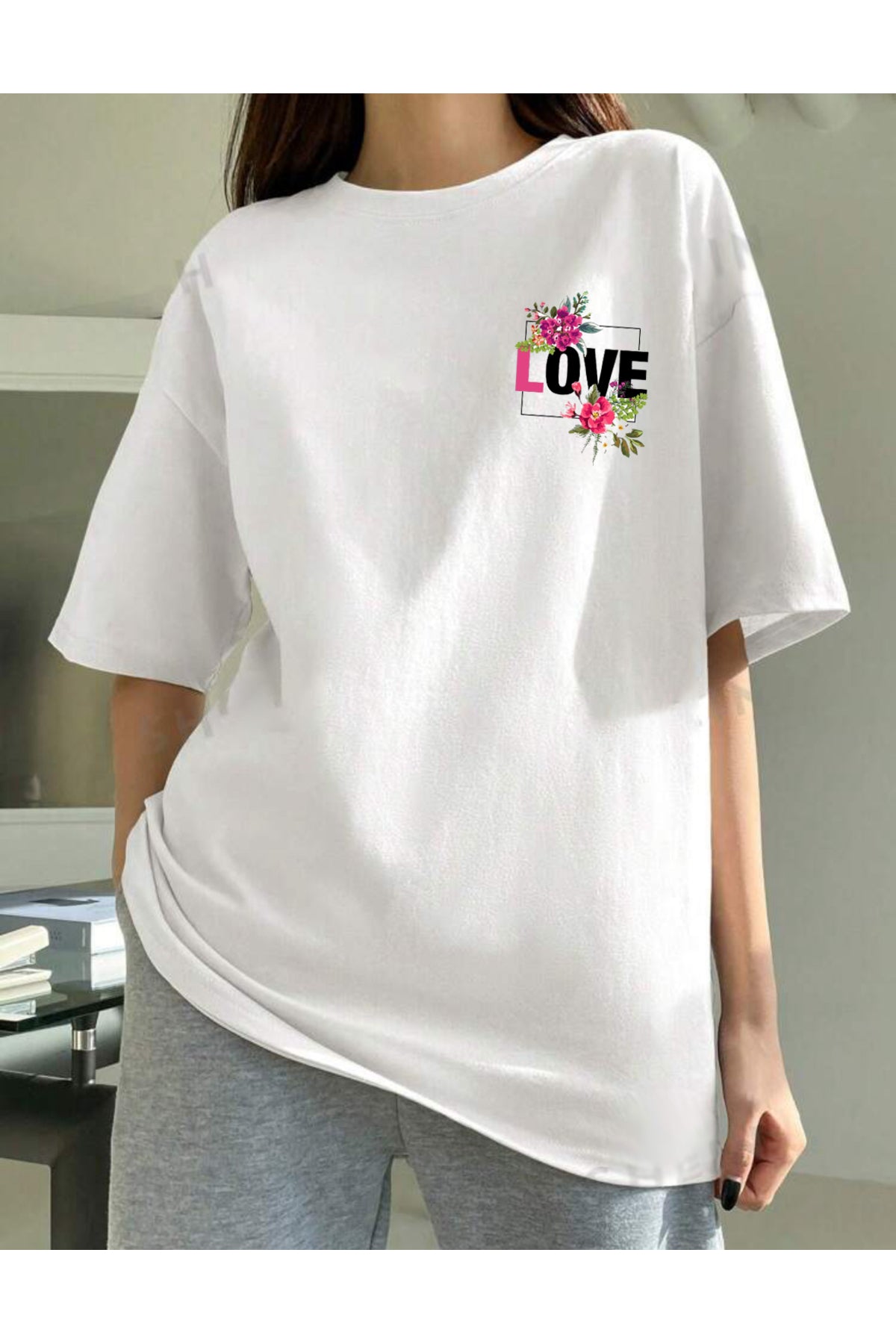 LOVE Baskılı Pamuklu Bisiklet Yaka Oversize Tshirt