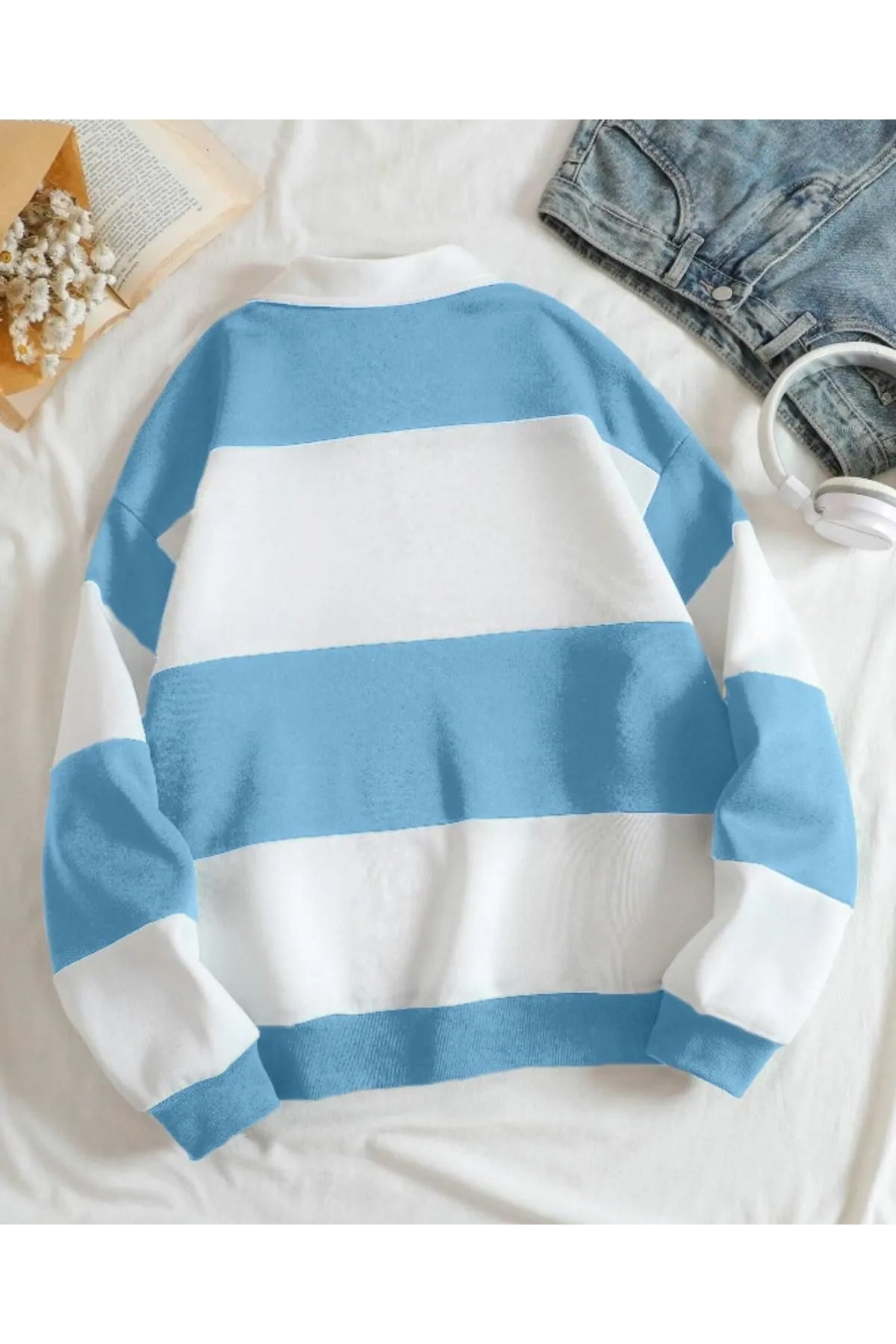 Original Unisex Kahverengi Çizgili Oversize Polo Yaka Yarım Fermuarlı Sweatshirt