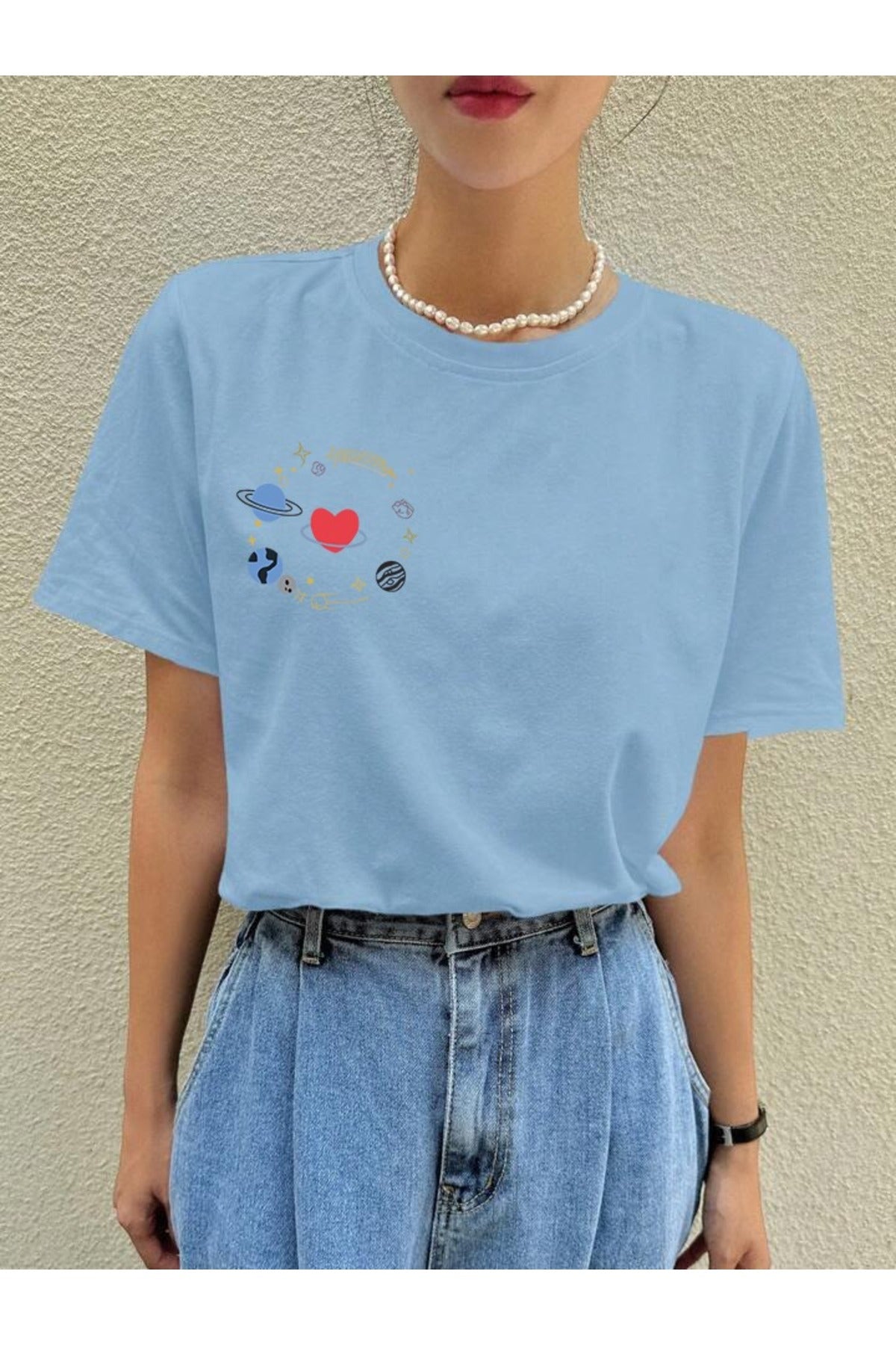 GALAXY Baskılı Pamuklu Kısa Kol (Oversize) Tshirt