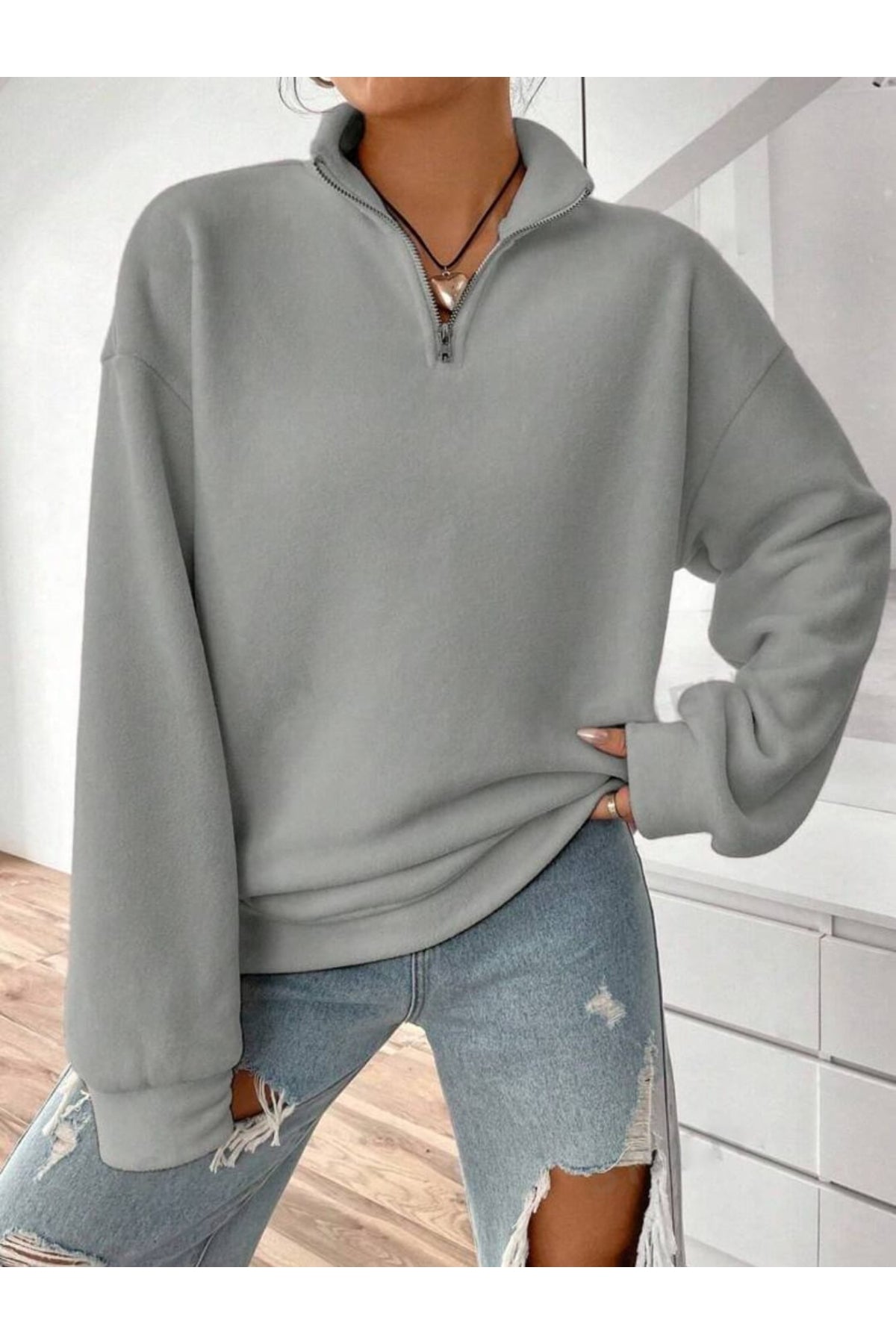 Dik Yaka Yarım Fermuarlı Düz Kazak Sweatshirt