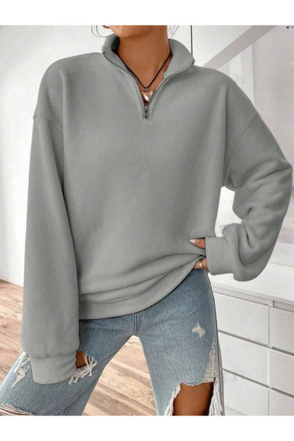 Dik Yaka Yarım Fermuarlı Düz Kazak Sweatshirt