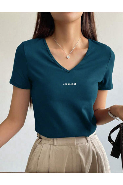 V Yaka Basic Pamuklu CLASSİCAL Baskılı Tshirt