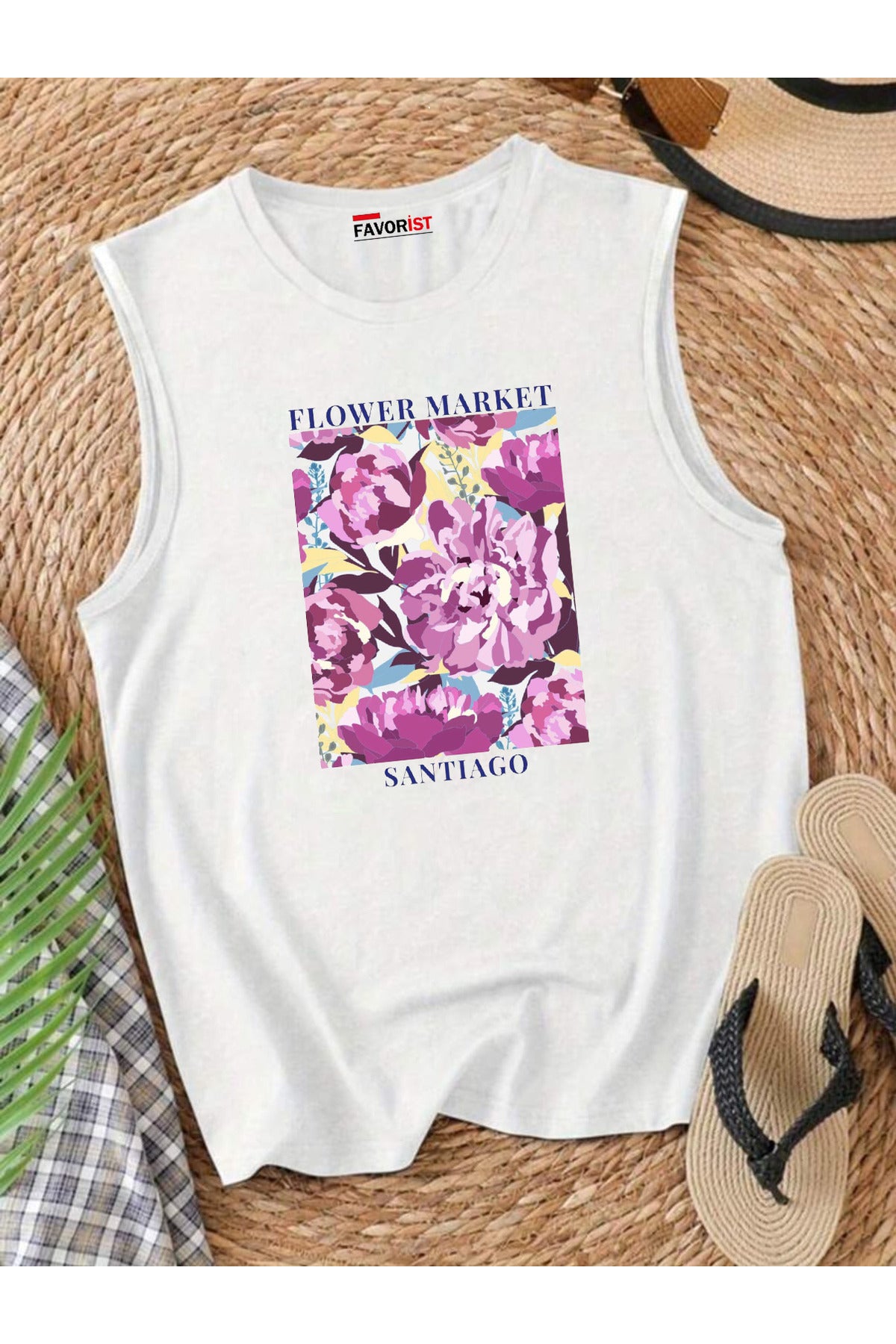 Şehrin Çiçekleri Omuzu Açık Kadın Pamuklu Kolsuz Yazlık T-shirt Atlet