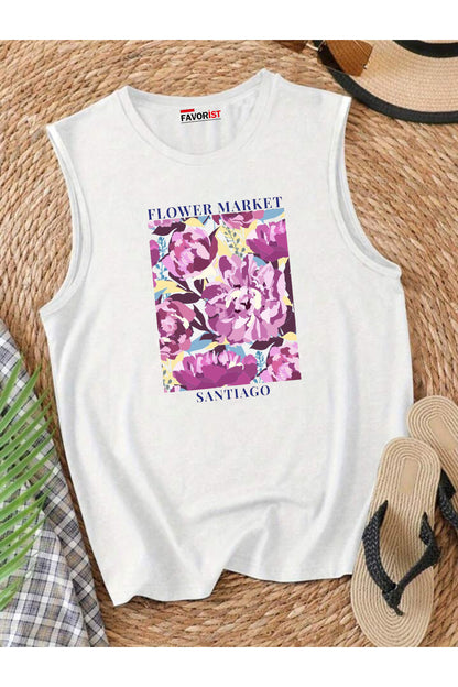 Şehrin Çiçekleri Omuzu Açık Kadın Pamuklu Kolsuz Yazlık T-shirt Atlet