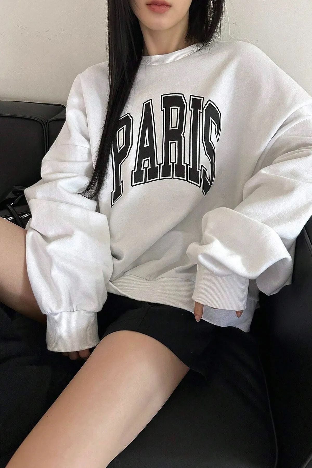 Pari?s Baskılı Bisiklet Yaka Sweatshirt