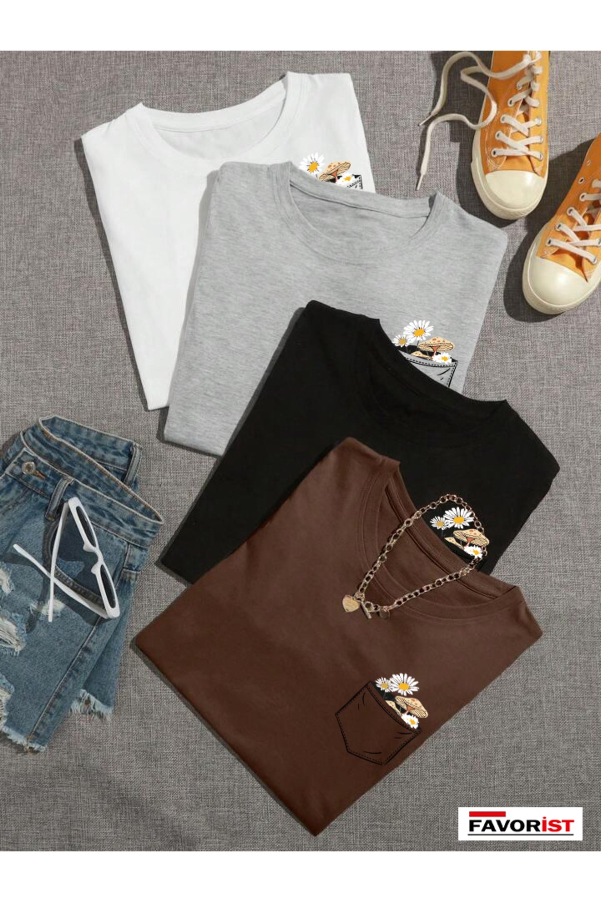 4 Adet Çiçek Baskılı Unisex Oversize Tshirt