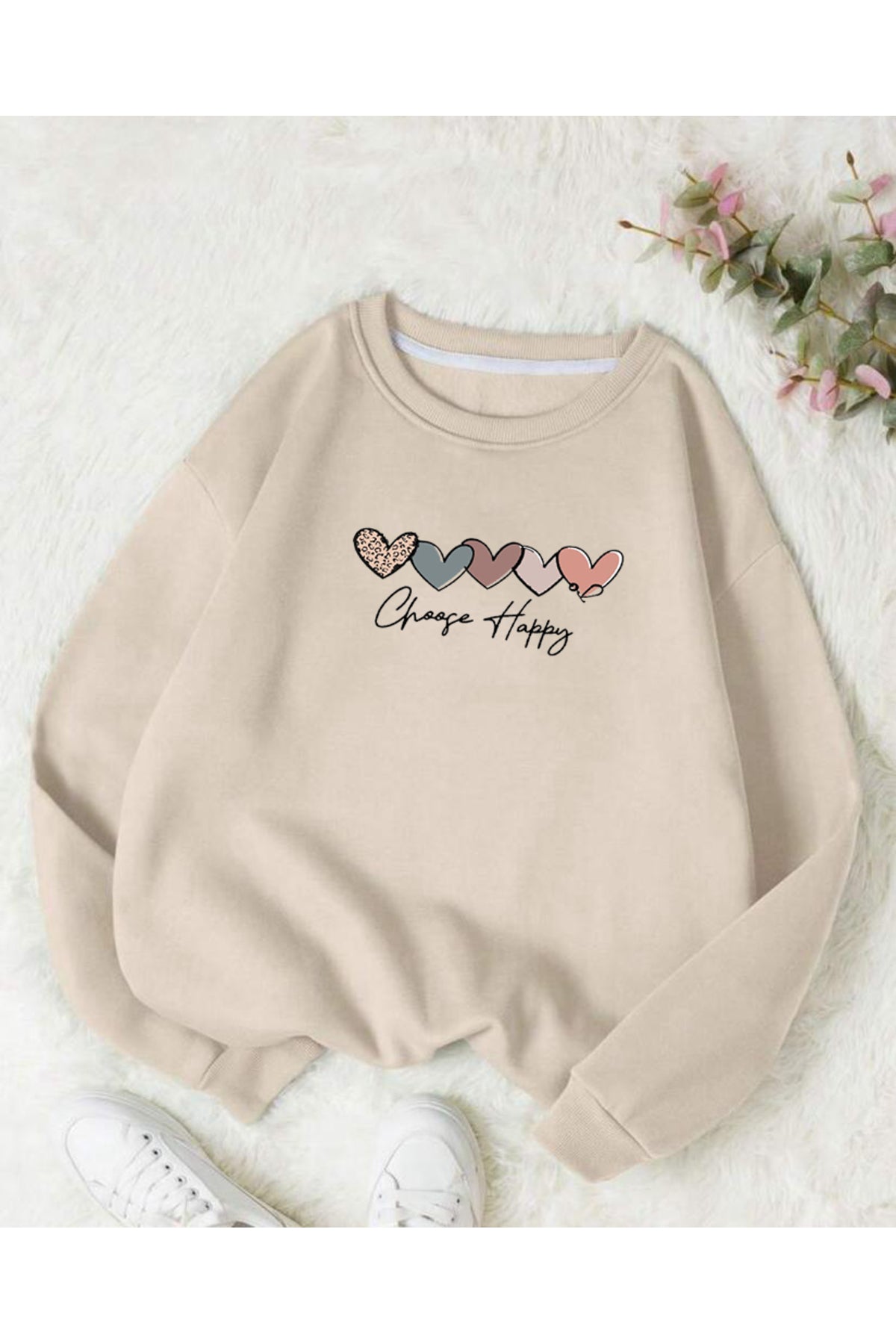 CHOOSE HAPPY KALPLER Baskılı Oversize Bisiklet Yaka Sweatshirt