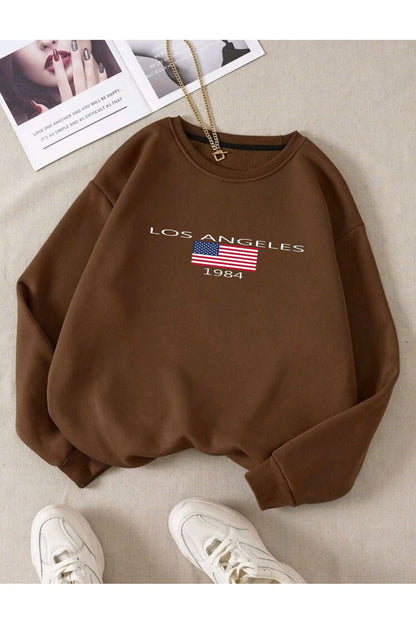 Unısex Los Angeles Baskılı Bisiklet Yaka Sweatshirt Hoodie