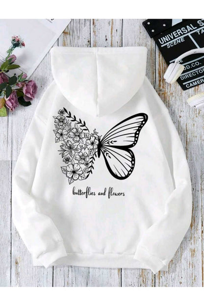 Beyaz Baskılı Kapüşonlu Sweatshirt Pamuklu