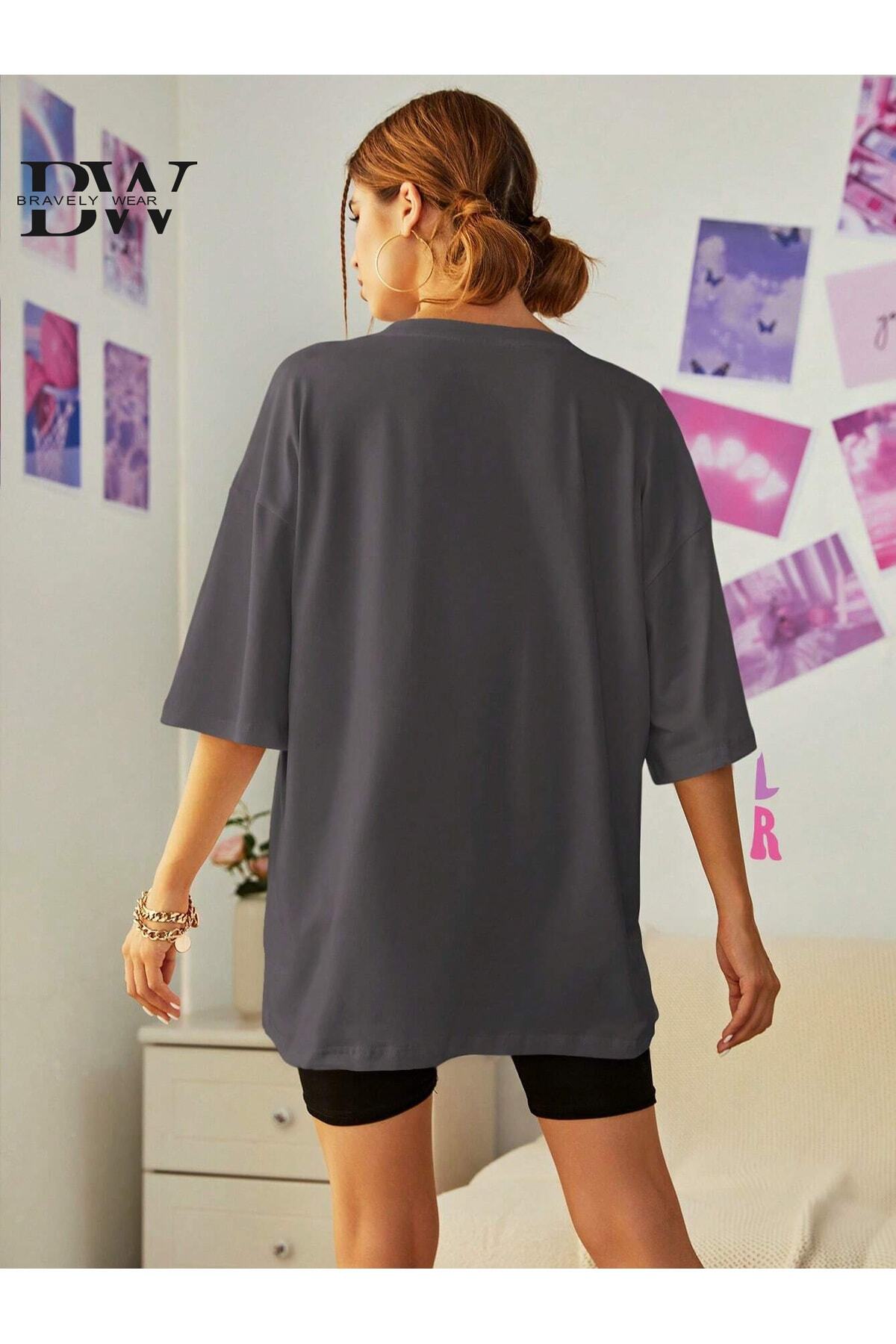 Ayıcık Baskılı Oversize Bisiklet Yaka Pamuklu Tshirt