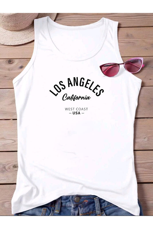 LOS ANGELES WEST COAST Baskılı Omuzu Açık Kadın Pamuklu Kolsuz Yazlık T-shirt Atlet