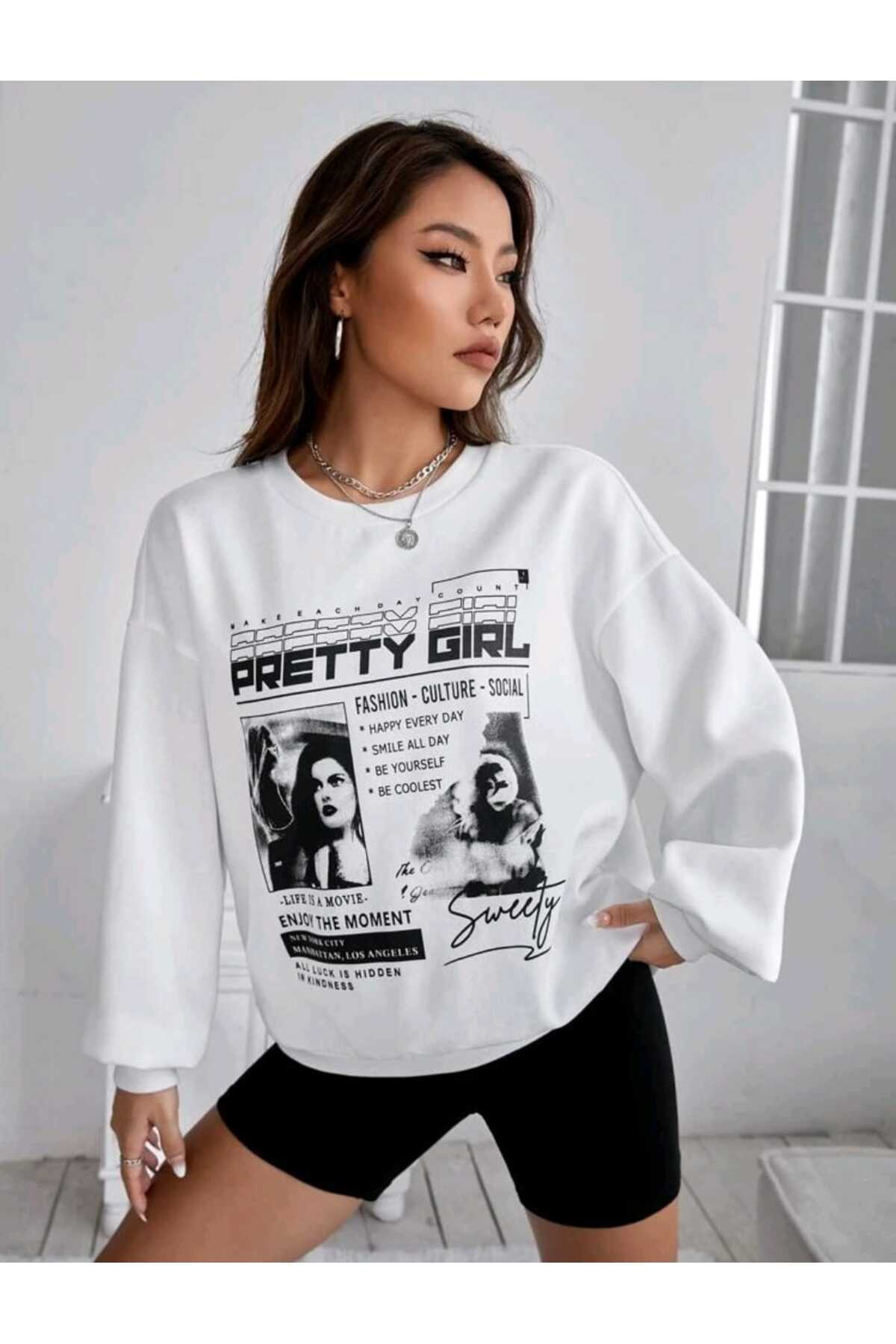 PRETTY GIRL Baskılı Süper Kalite Bisiklet Yaka Sweatshirt