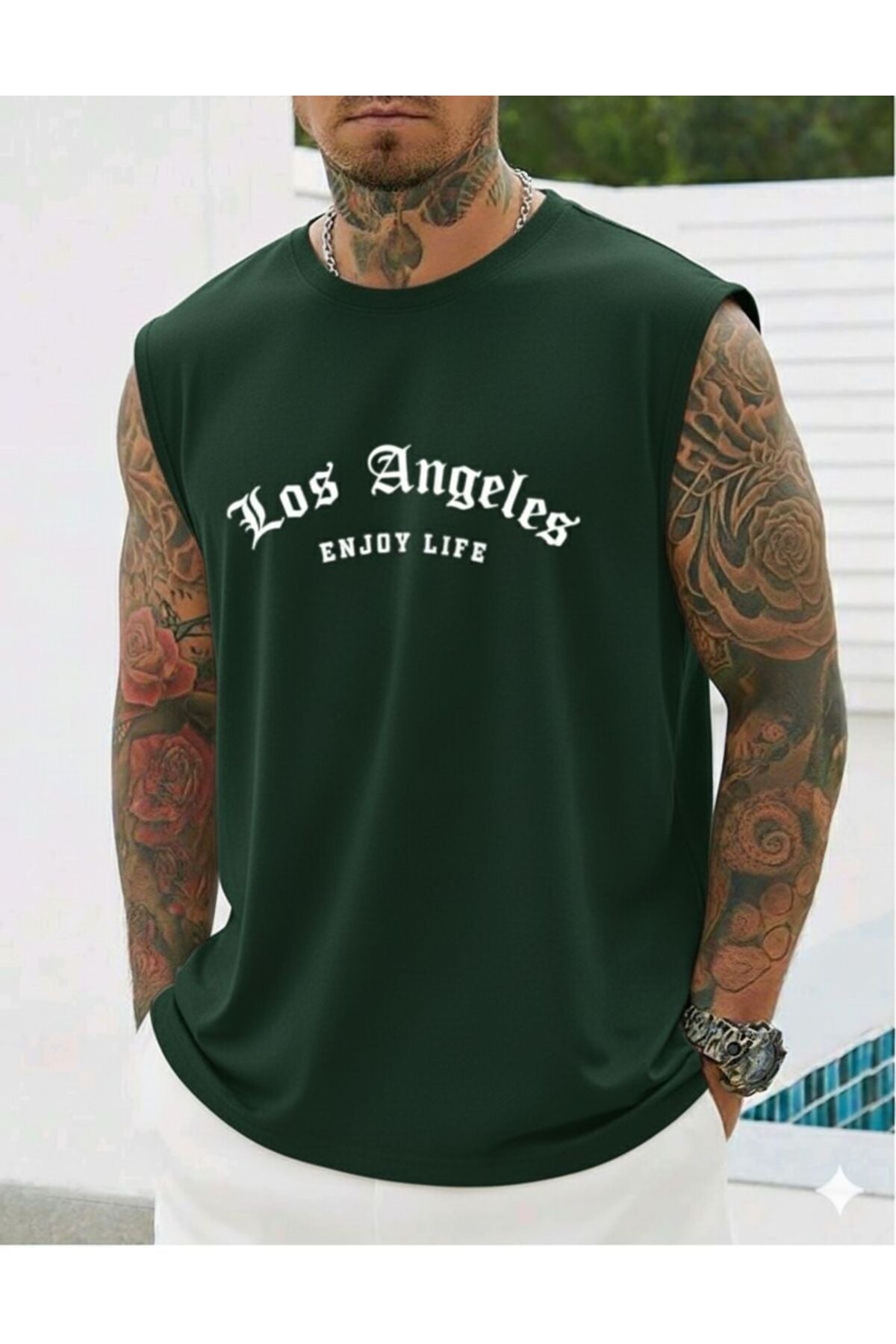 LOS ANGELES ENJOY LIFE Baskılı Erkek Sıfır Kol Sporcu Tshirt