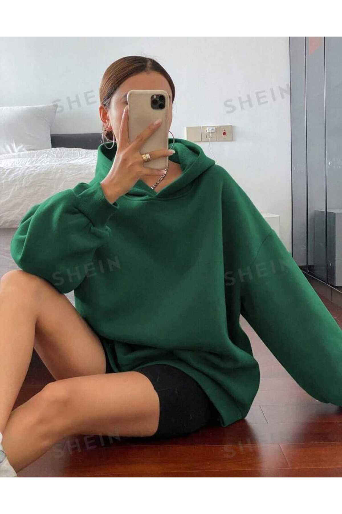 Kapüşonlu Düz Baskısız Giy Çık Oversize Kalıp Sweatshirt