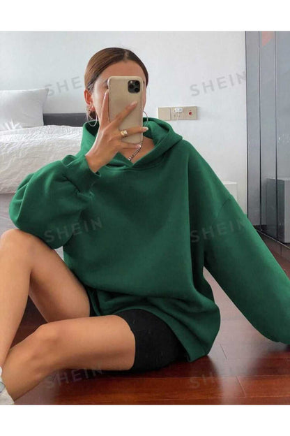 Kapüşonlu Düz Baskısız Giy Çık Oversize Kalıp Sweatshirt