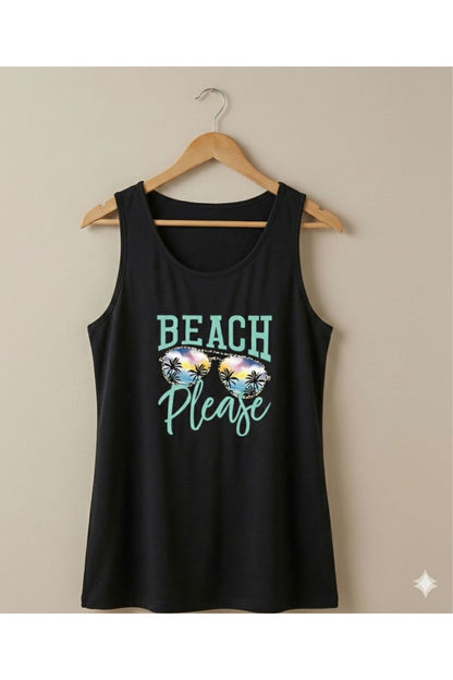 Beach Please Baskılı Kadın Siyah Omuzu Açık Askılı Yazlık Pamuklu T-shirt