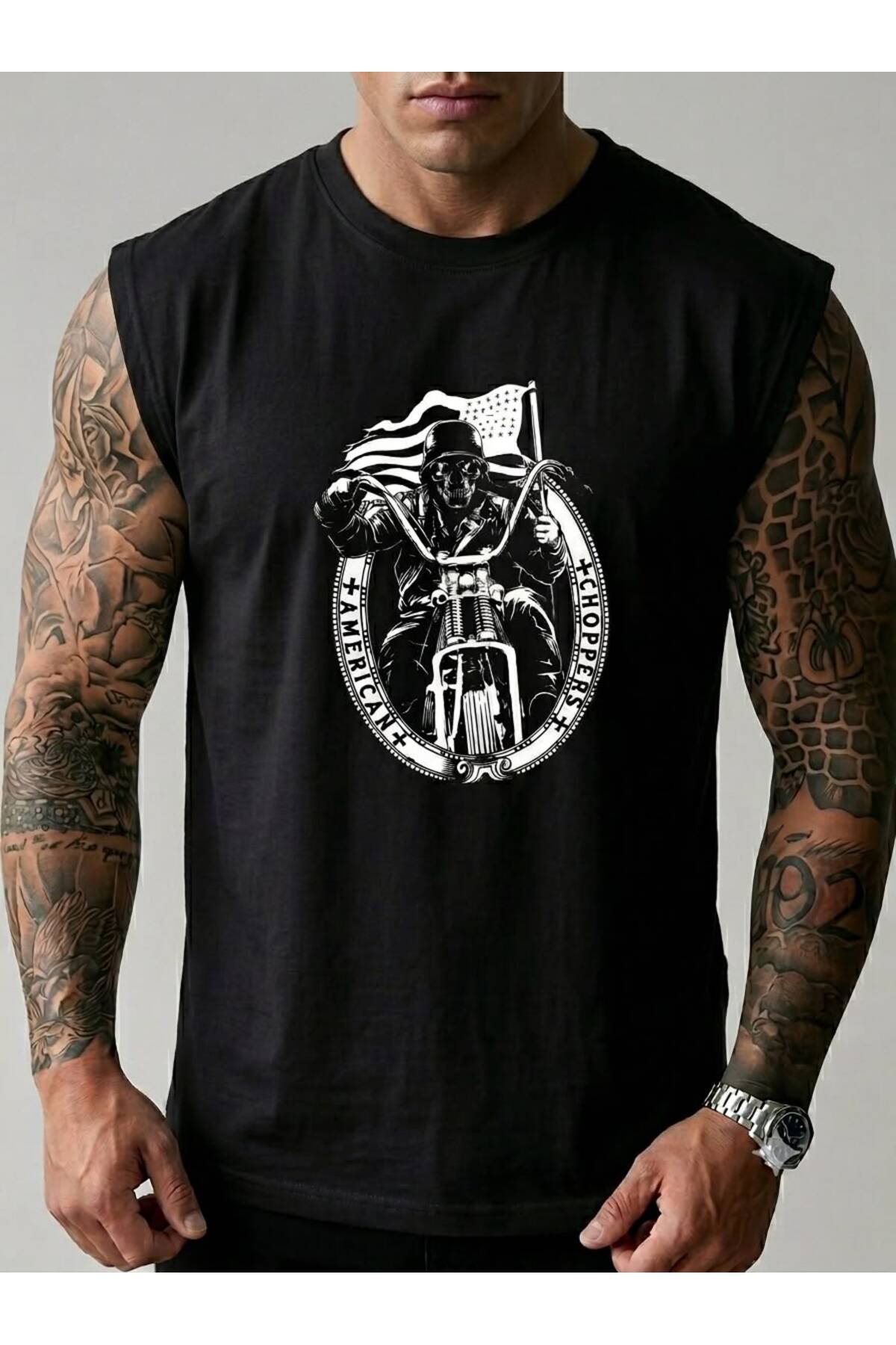 AMERİKAN MOTORCU Baskılı Erkek Sıfır Kol Kolsuz Sporcu Atlet Tshirt