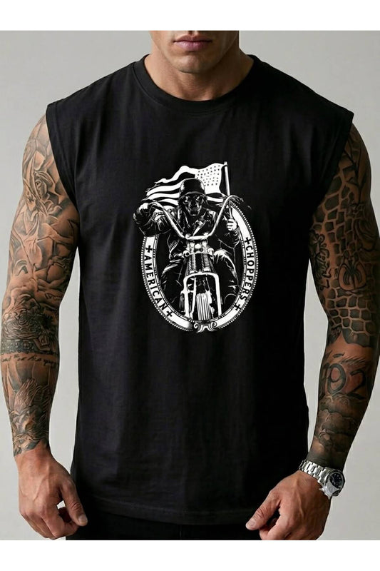AMERİKAN MOTORCU Baskılı Erkek Sıfır Kol Kolsuz Sporcu Atlet Tshirt