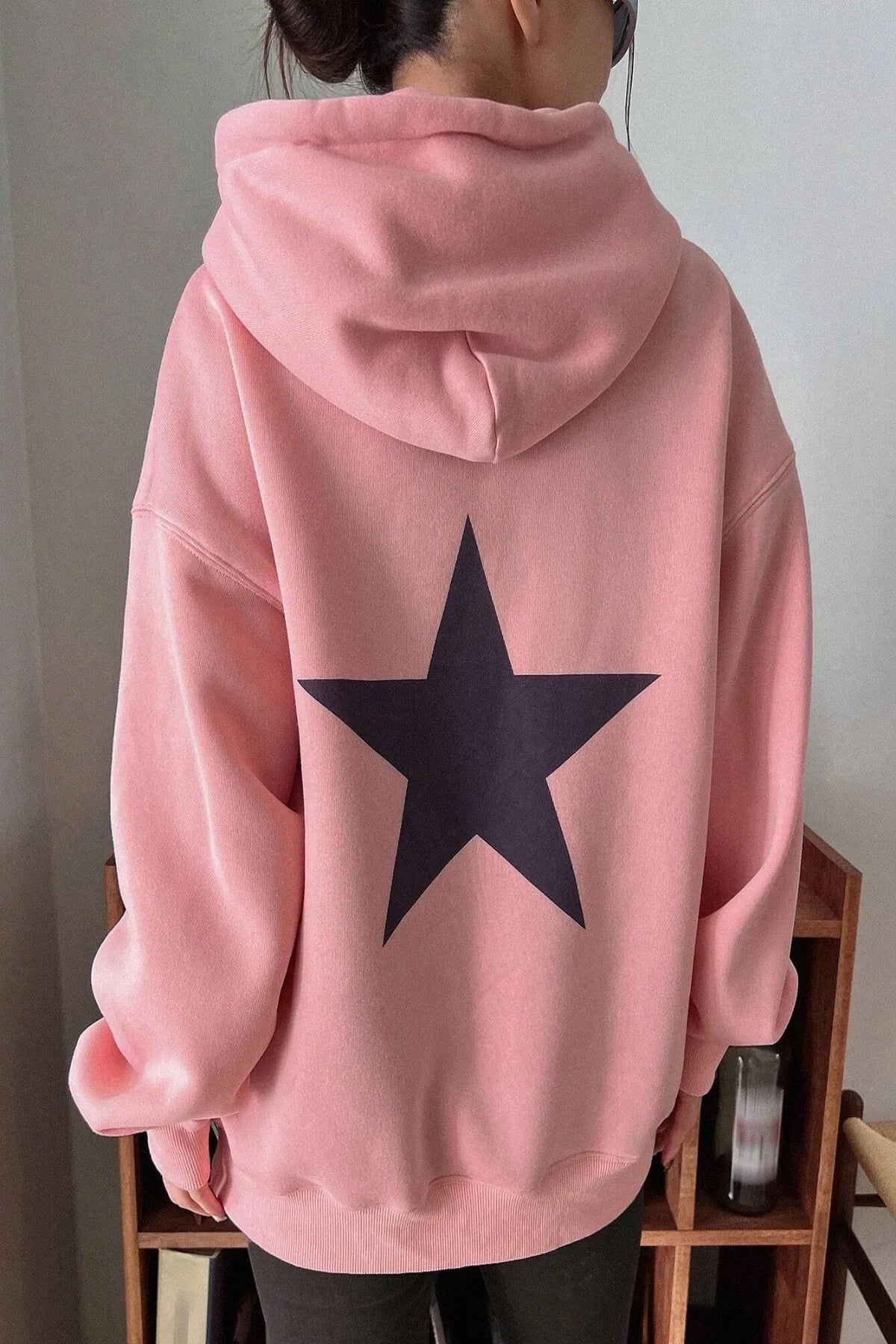 STAR Baskılı Oversize Kapşonlu Sweatshirt