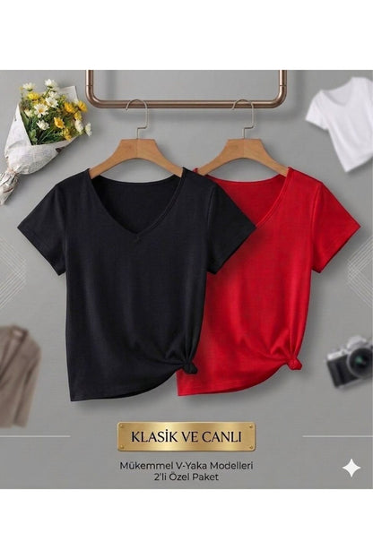 2 Adet Düz Regular Kalıp Kadın (V YAKA) T-Shirt
