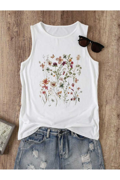 FLOWERS Desenli Kadın Pamuklu Omuzu Açık (Kolsuz) Yazlık T-shirt