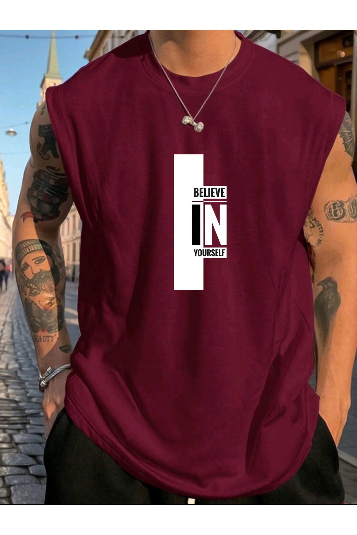 Believe Baskılı Kolsuz Atlet Tshirt Erkek Sıfır Kol Giyim Spor Giyim Oversize