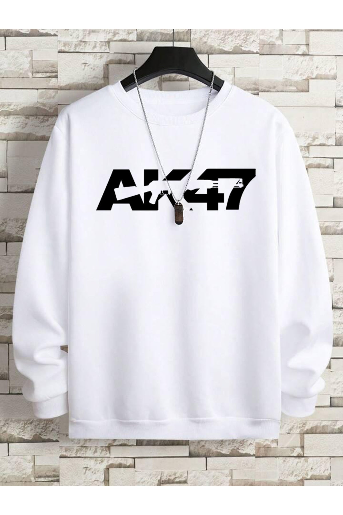 AK47 Baskılı Erkek Oversize Bisiklet Yaka Sweatshirt