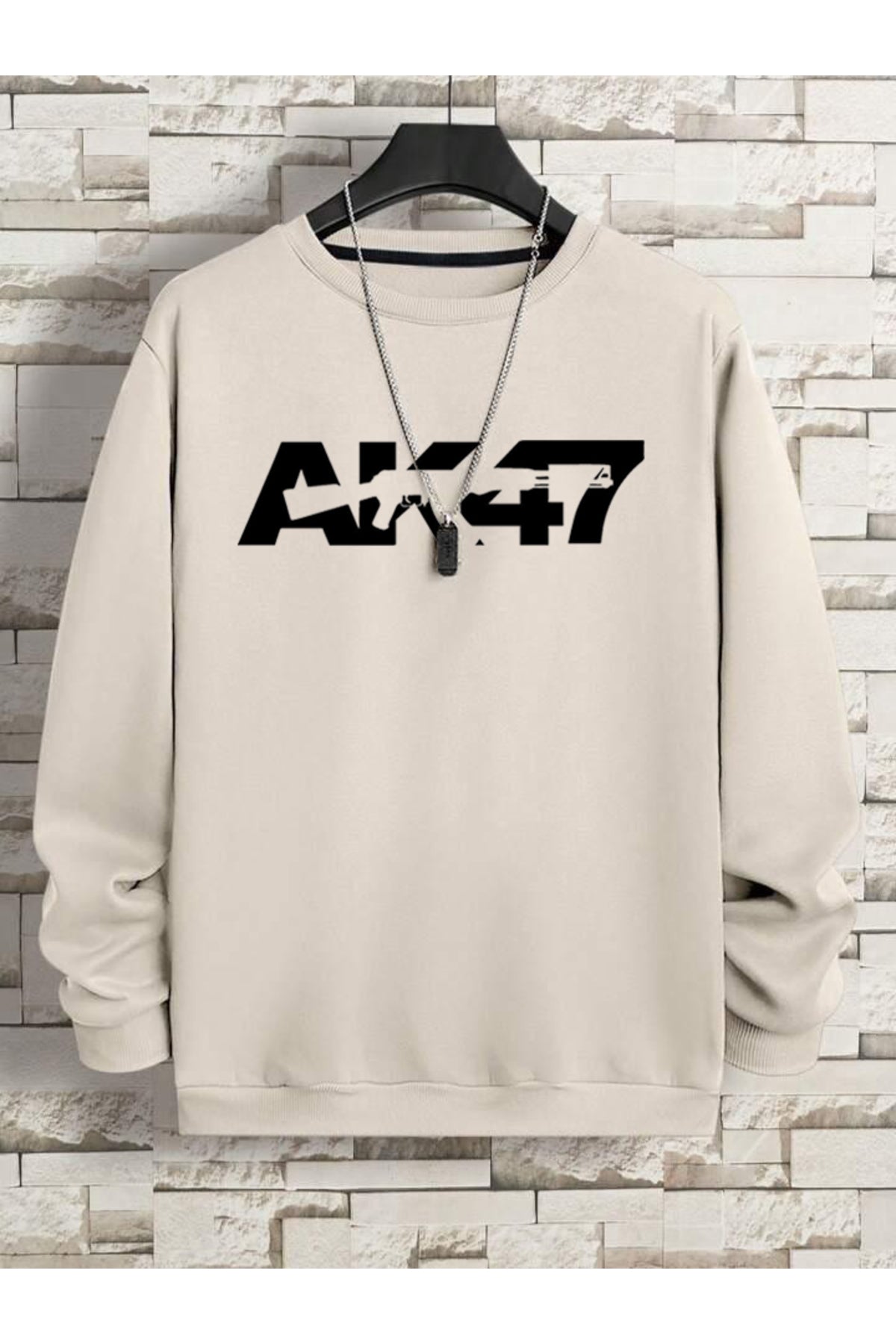 AK47 Baskılı Erkek Oversize Bisiklet Yaka Sweatshirt