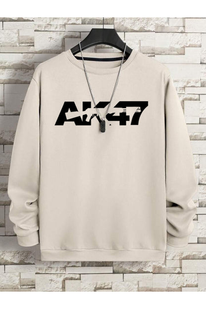 AK47 Baskılı Erkek Oversize Bisiklet Yaka Sweatshirt