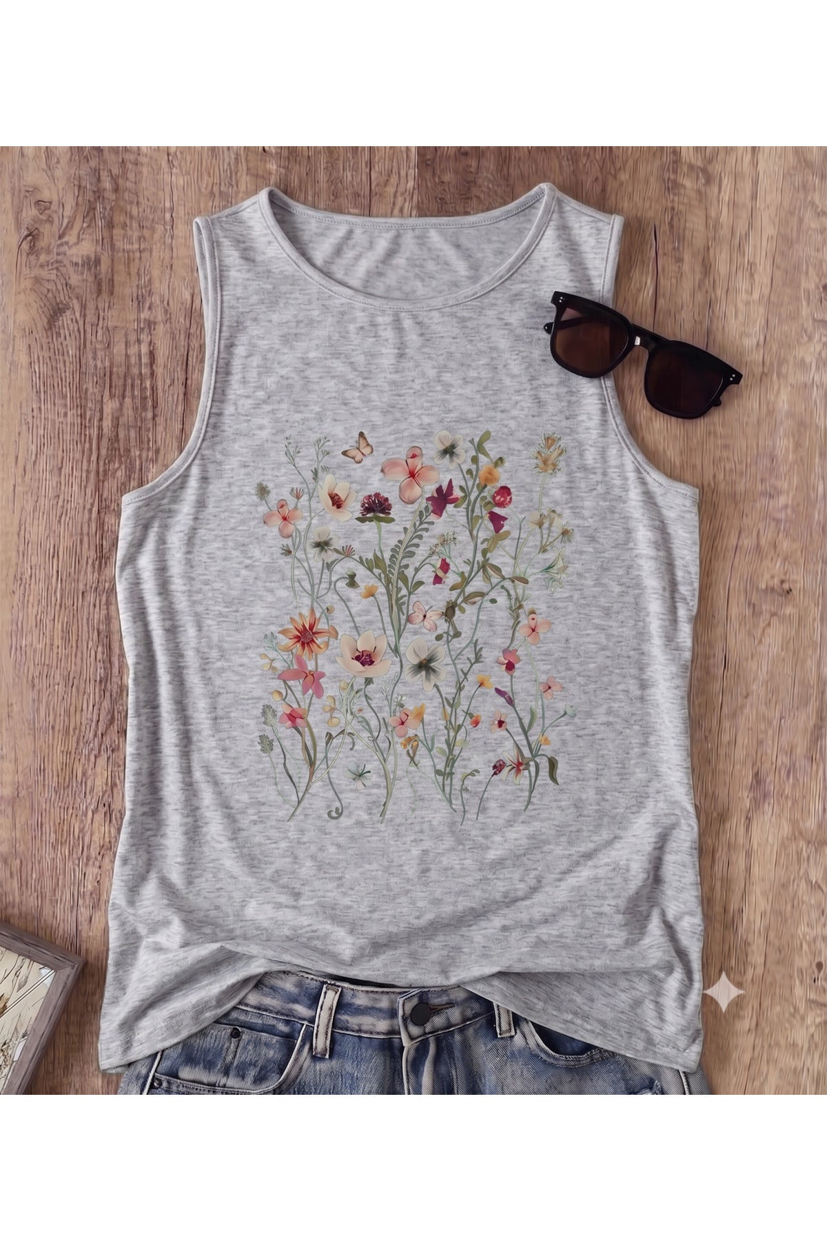 FLOWERS Desenli Kadın Pamuklu Omuzu Açık (Kolsuz) Yazlık T-shirt