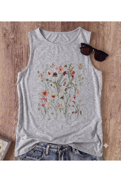 FLOWERS Desenli Kadın Pamuklu Omuzu Açık (Kolsuz) Yazlık T-shirt