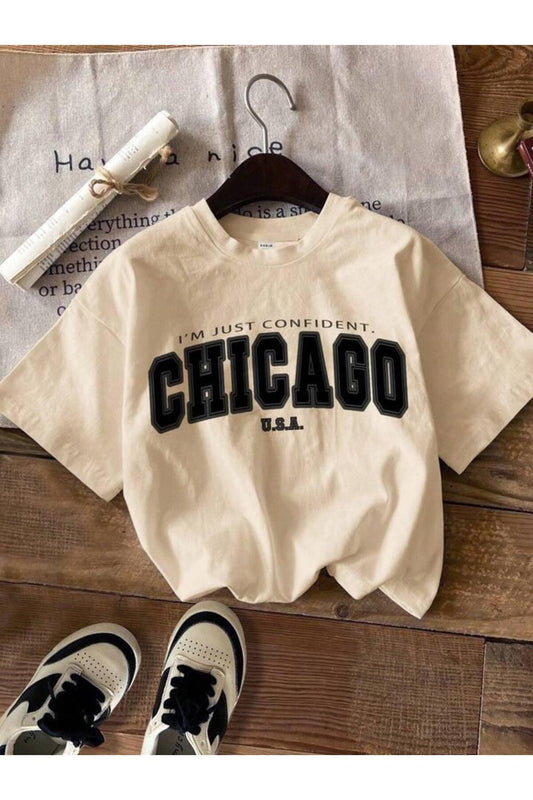 CHICAGO Baskılı Pamuklu Kısa Kol (Oversize) Tshirt
