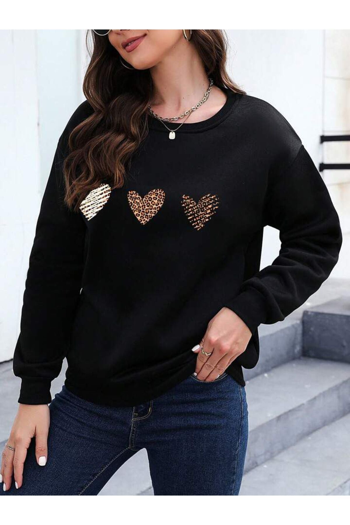 Siyah Karışık Bisiklet Yaka Sweatshirt Koleksiyonu