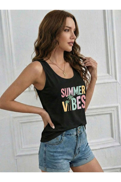 SUMMER VIBES Baskılı Kadın (Omuzu Açık) Slim Askılı Tshirt