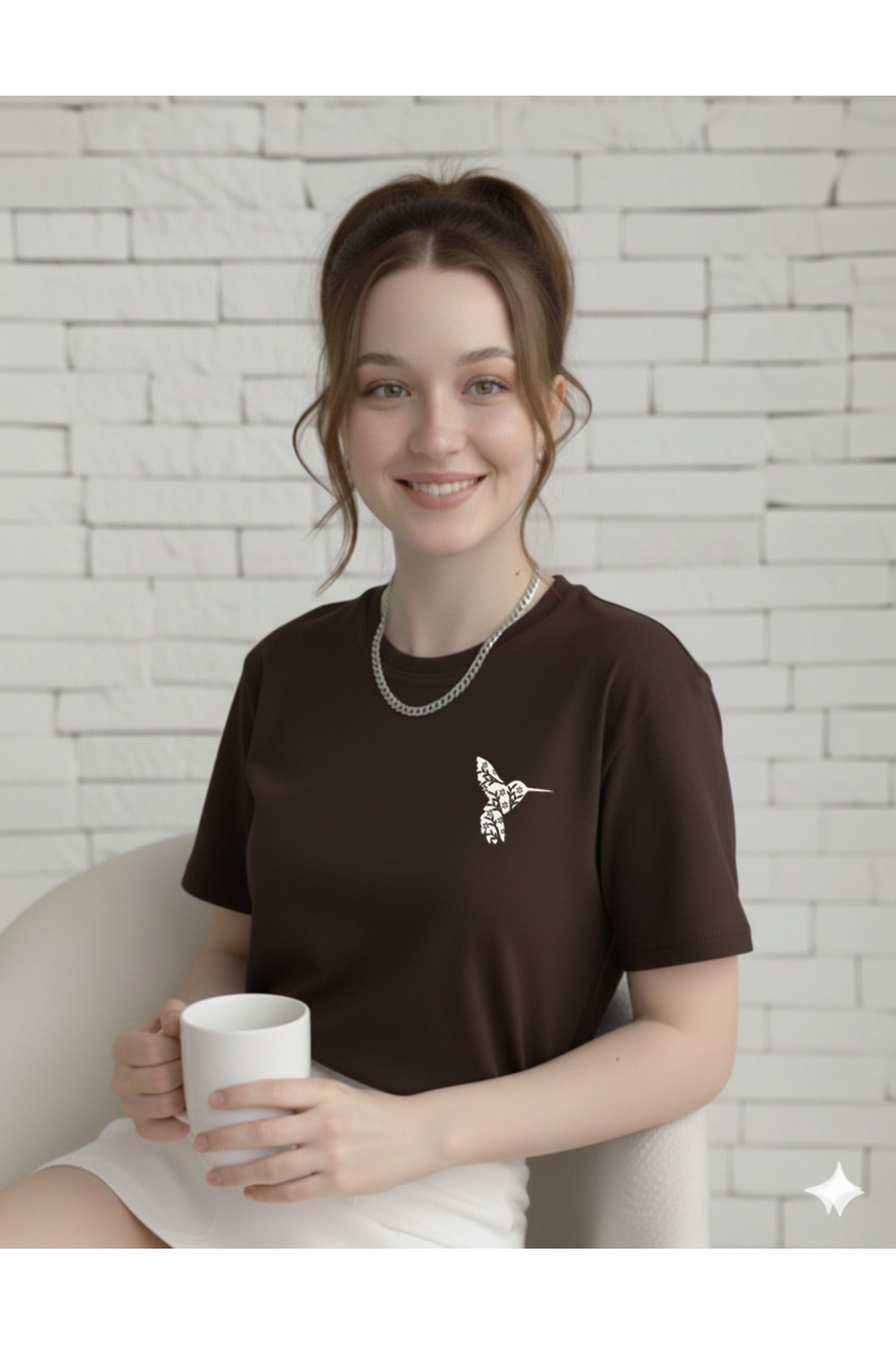 Colibri Baskılı Bisiklet Yaka Kadın Tshirt