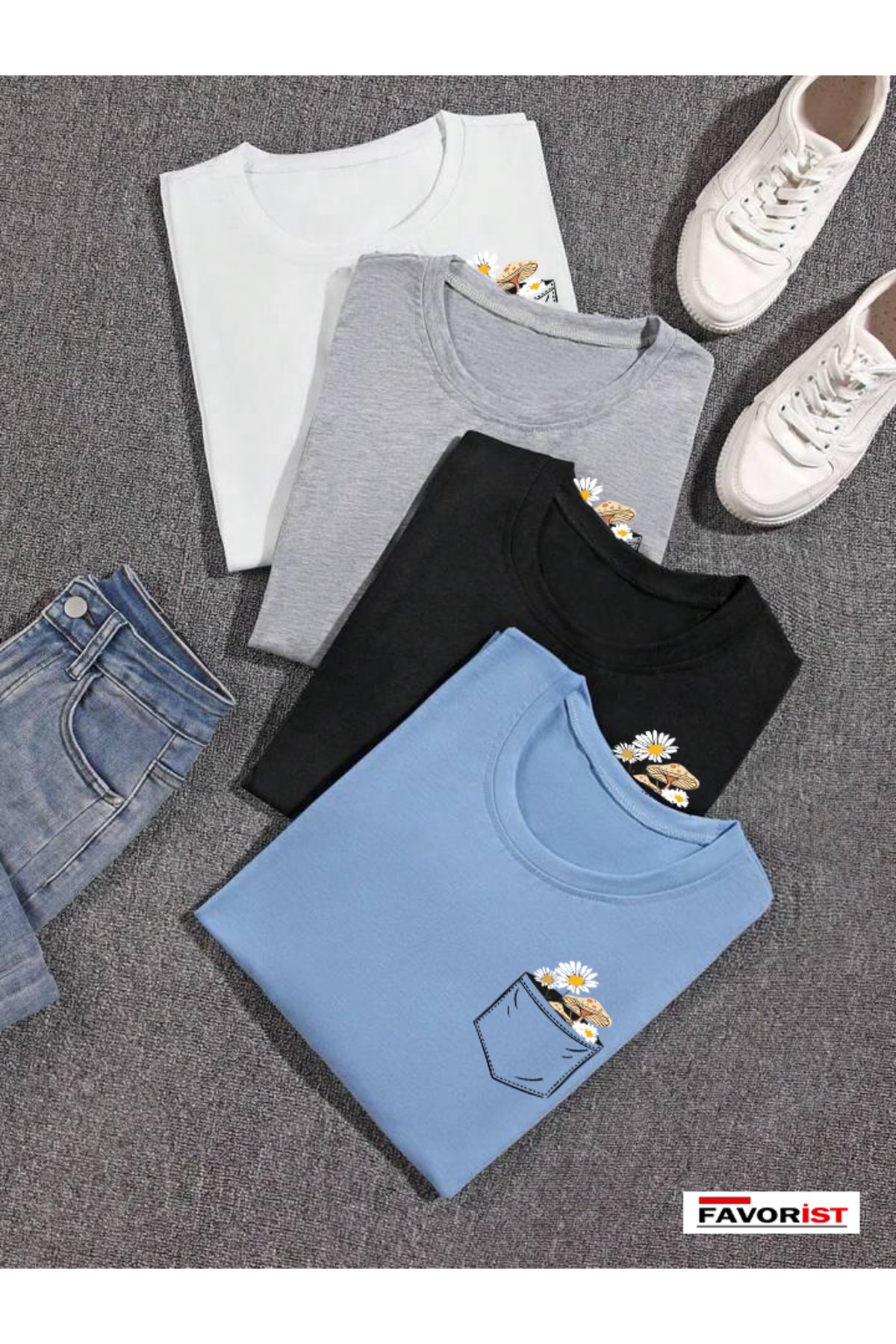 4 Adet Çiçek Baskılı Unisex Oversize Tshirt