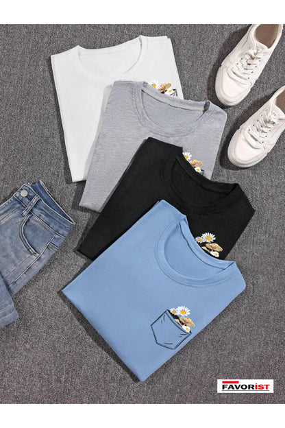 4 Adet Çiçek Baskılı Unisex Oversize Tshirt