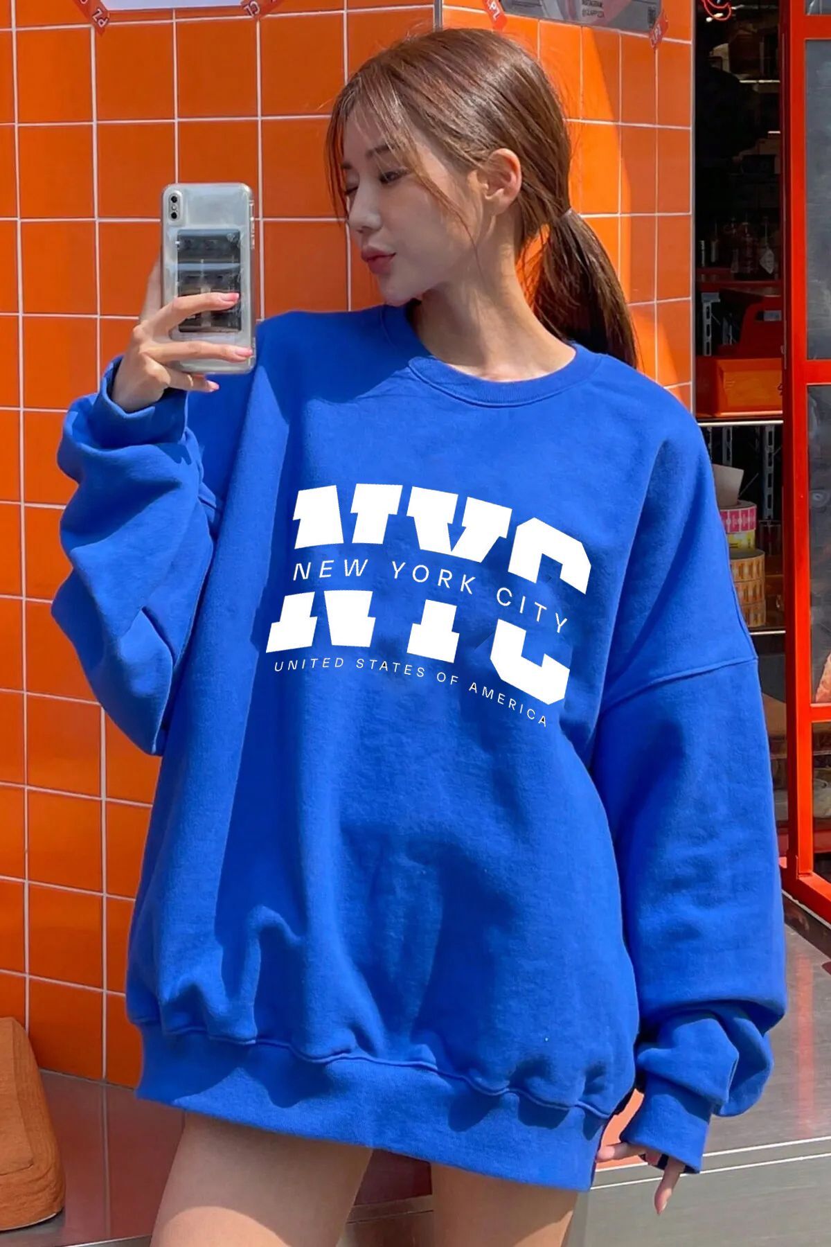 NYC Baskılı Bisiklet Yaka Sweatshirt