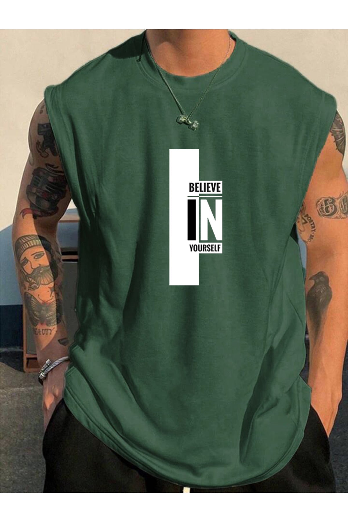 Believe Baskılı Kolsuz Atlet Tshirt Erkek Sıfır Kol Giyim Spor Giyim Oversize