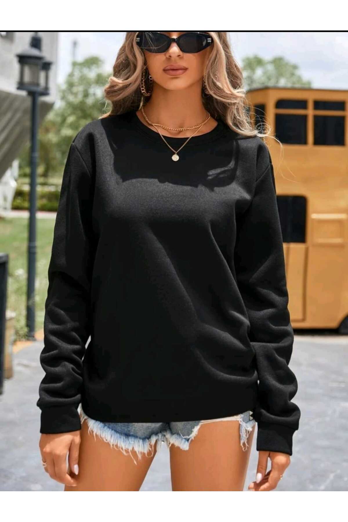 Bisiklet Yaka Sweatshirt Düz Baskısız ( SOFT ) Geniş Kalıp