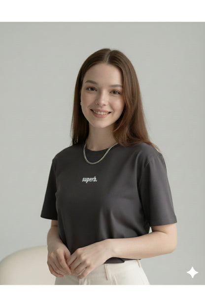 Superb. Baskılı ANTRASİT Bisiklet Yaka Pamuklu Kadın Regular Kalıp Tshirt